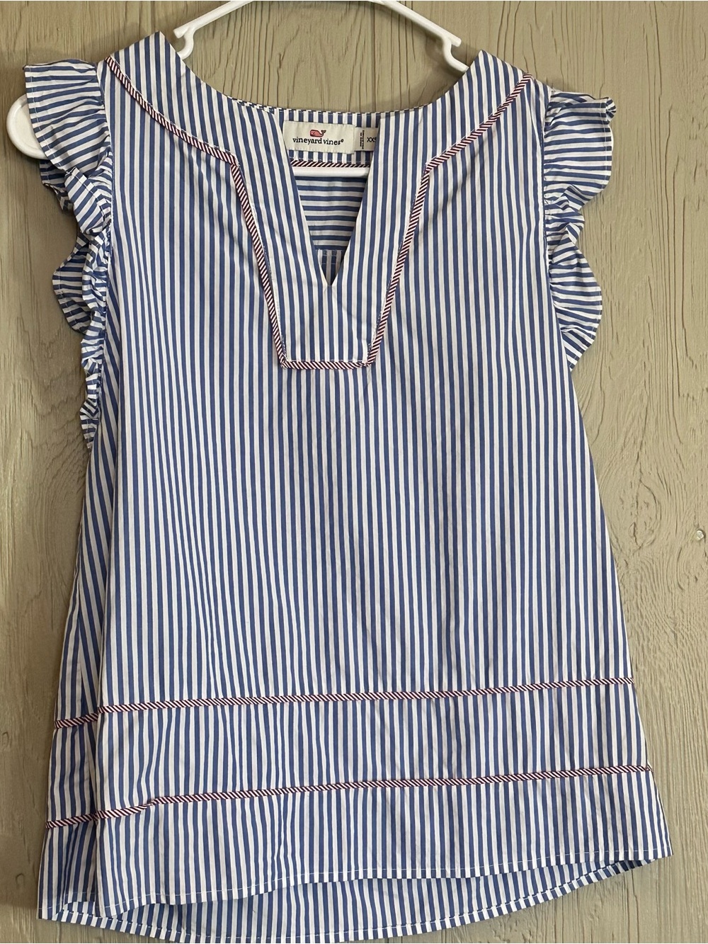 Vineyard Vines Blue & White Striped V-Neck Ruffle Sleeve Tunic Blouse XXS